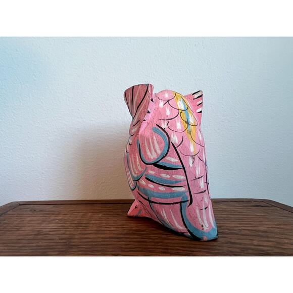 Quirky Hand Carved Owl Figurine Pink Folk Art 3.25" Trinket Small Gift Idea - Picture 6 of 8